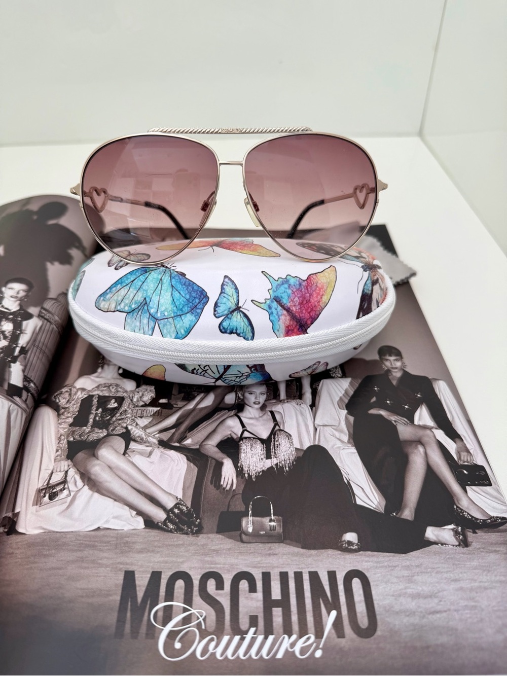 Moschino Champagne Gradient Aviator Sunglasses with Heart Detail